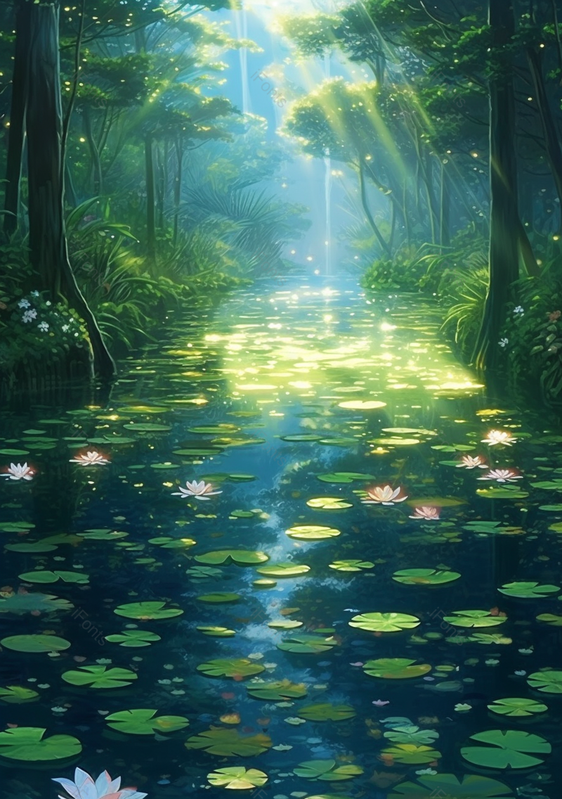 深林中荷塘荷花盛开美景插画绿色背景,插画/手绘图,插画/手绘图库,插画/手绘图下载,插画/手绘